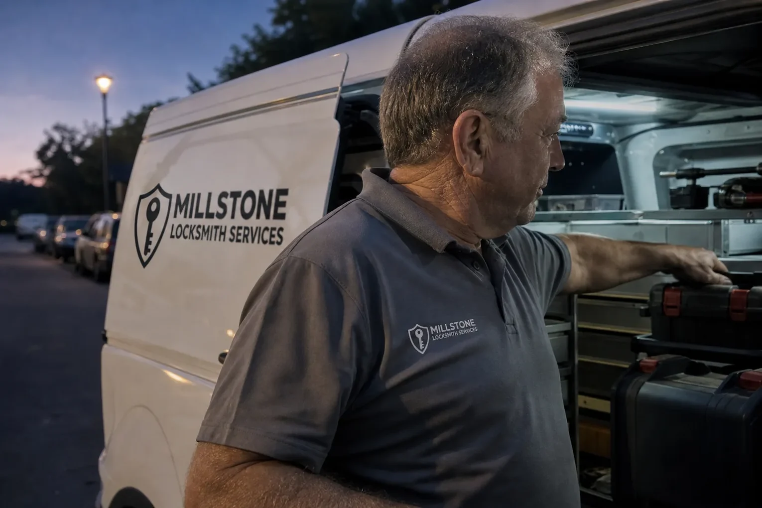 The Millstone Locksmith Services service van, stocked for lockouts and key cutting in San Marcos