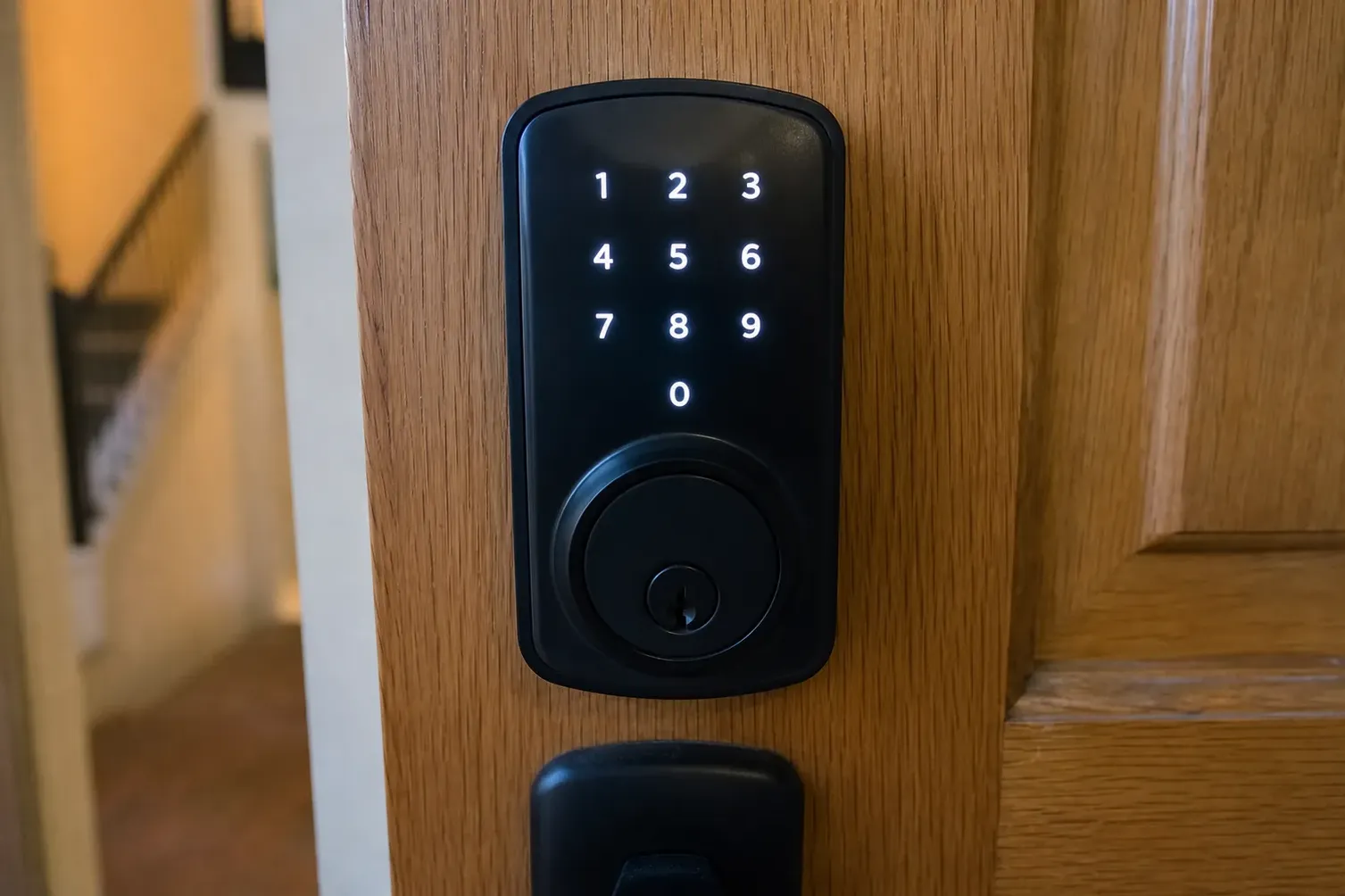 Keypad deadbolt fitted to a front door, San Marcos, TX