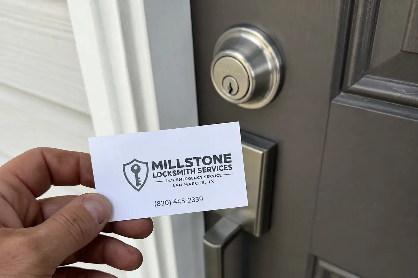 Millstone Locksmith Services card at a job in San Marcos